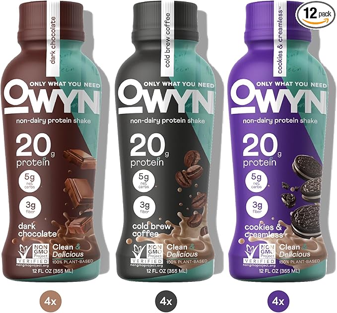 OWYN Only What You Need Protein Shake Variety Pack, Dark Chocolate, Cold Brew Coffee, Cookies and Creamless, 20g Protein, 4g Sugar, 3g Fiber, Dairy Free, Plant Based Protein Drink, 12 CT