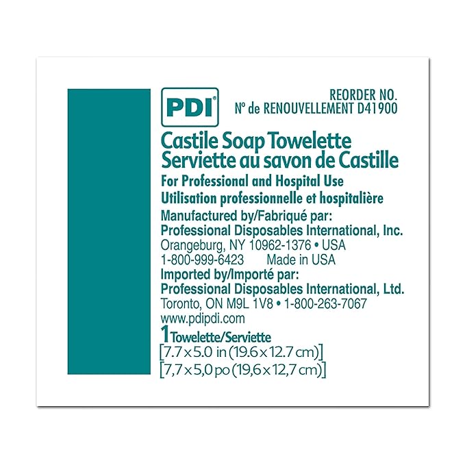 PDI Healthcare D41900 Castile Soap Wipe with Coconut Oil, Premoistened Facial Cleansing Towelette for Travel, 5 in x 7.7 in Size, Pack of 1000