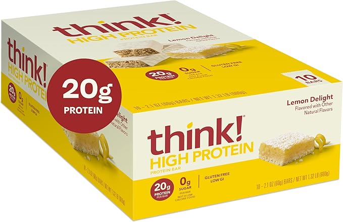 think! Protein Bars, High Protein Snacks, Gluten Free, Kosher Friendly, Lemon Delight, Nutrition Bars, 2.1 Oz per Bar, 10 Count (Packaging May Vary)