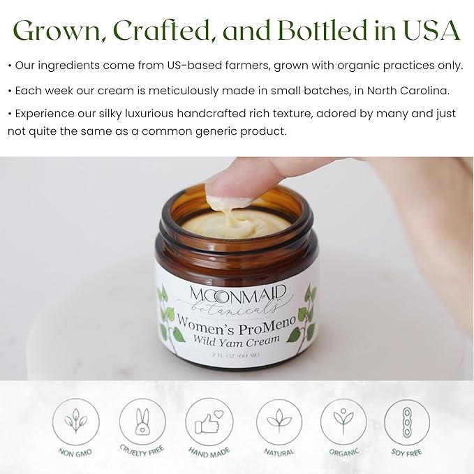 MoonMaid ProMeno Wild Yam Cream for Hormone Balance 2 Oz | Organic Wild Yam Cream for Hormones, Menopause Support, Skin Rejuvenation, Mood Balance, and Improved Sleep | Made in USA