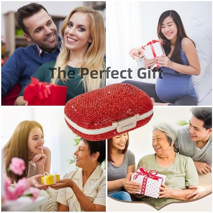 Cute Pill Organizer Small Bling Pill Case for Purse Medicine Vitamin Container Holder Daily Pill Box Container for Women Travel Medicine Kit(Red)