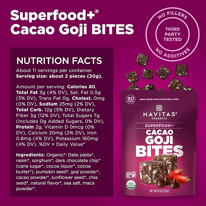 Navitas Organics Cacao Goji Superfood+ BITES – Power Snacks – All Natural Plant Based – Clean Energy & Nutrition – USDA Organic, Non GMO, Gluten Free, Soy Free, Kosher, Vegan (8oz. Bag 11 Servings)