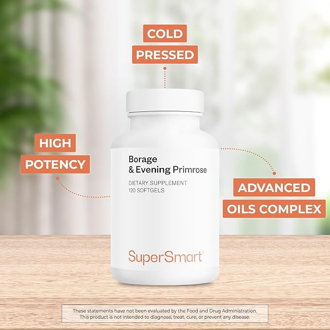 Supersmart - Borage & Evening Primrose (High Potency) - GLA Oil Gamma Linolenic Acid Cold Pressed - with Vitamin E, Borage Oil & Evening Primrose Oil Supplement | Non-GMO & Gluten Free - 120 Softgels