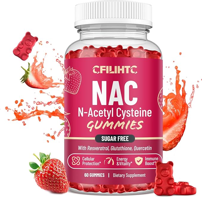 CFILIHTC NAC Gummies 600mg, N Acetyl Cysteine Supplement with Glutathione, Resveratrol, Magnesium, CoQ10, NAC Chewable for Antioxidants & Immune Support, Strawberry Flavor 60 Gummies