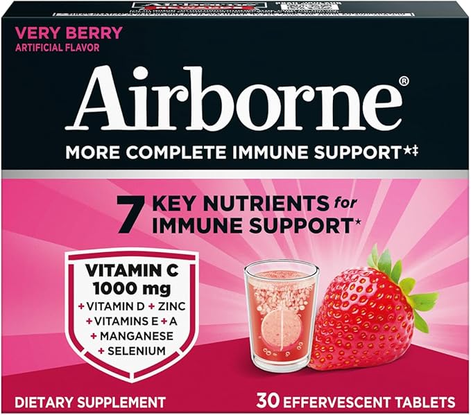 Airborne 1000mg Vitamin C with Vitamin D & Zinc, Sugar Free Multivitamin Immune Support Supplement, Antioxidants Vitamins A C & Vitamin E, 30 Effervescent Tablets, Very Berry Flavor