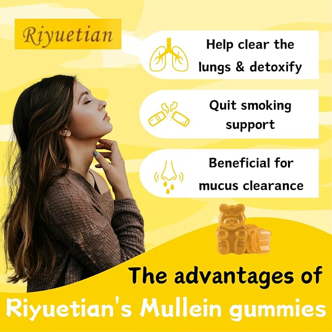 Mullein Gummies, 2000mg Organic Mullein Leaf Extract for Clear Lungs, Boost Respiratory & Digestive, Immune Booster for Adults & Kids, Allergy Friendly, Non-GMO, 60 Gummies