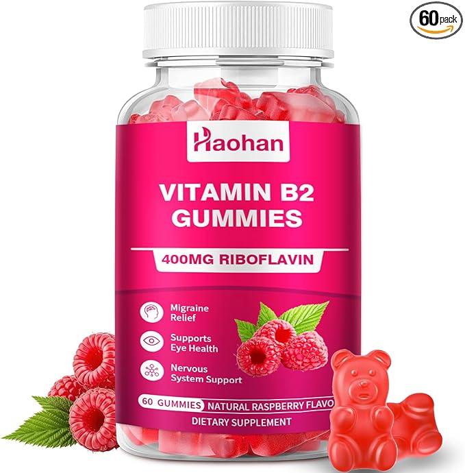 Haohan Vitamin B2 400mg with Magnesium Gummies for Migraine and Nervous System Support in Sugar-Free Vegan Raspberry Flavor, 60 Count for Adults and Kids