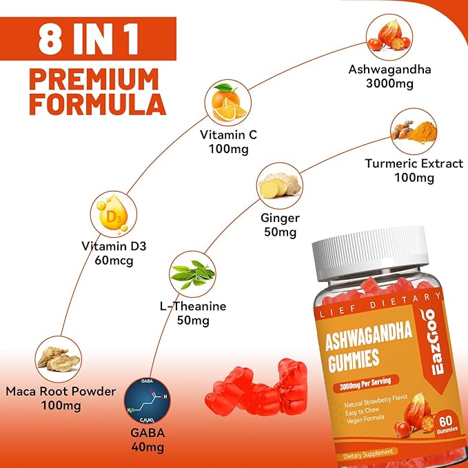 2 Pack Ashwagandha Gummies & Vitamin D3, 3000mg Extra Strength Ashwagandha Root Extract for Boosts Energy, Immune Support, Non-GMO, Strawberry Flavor, 120 Count