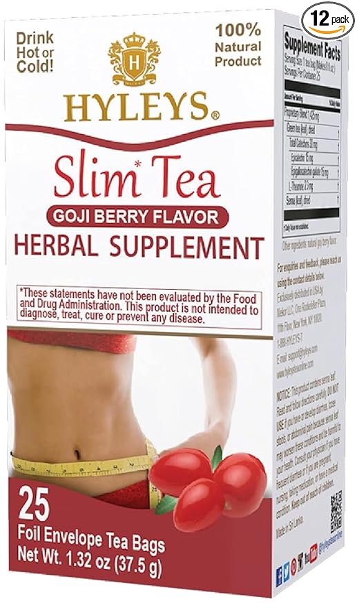Hyleys Slim Tea Goji Berry Flavor - Weight Loss Herbal Supplement Cleanse and Detox - 25 Tea Bags (12 Pack)