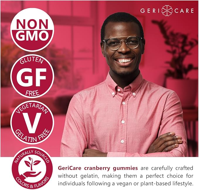 GeriCare Cranberry Gummies Compare to Azo, Naturally Sourced Cranberry Extract for UTI & Bladder Health, Antioxidant Support, Non-GMO | Gluten-Free | Vegan | Gelatin-Free | Naturally Sourced, 60 Count