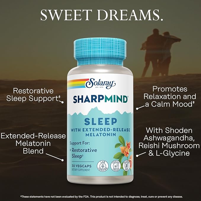 SOLARAY SharpMind Sleep, Nootropic Sleep Aid Formula - Nootropics Brain Support Supplement for a Calm Mood and Healthy Sleep with Slow Release Melatonin 3mg - 30 Servings, 30 VegCaps