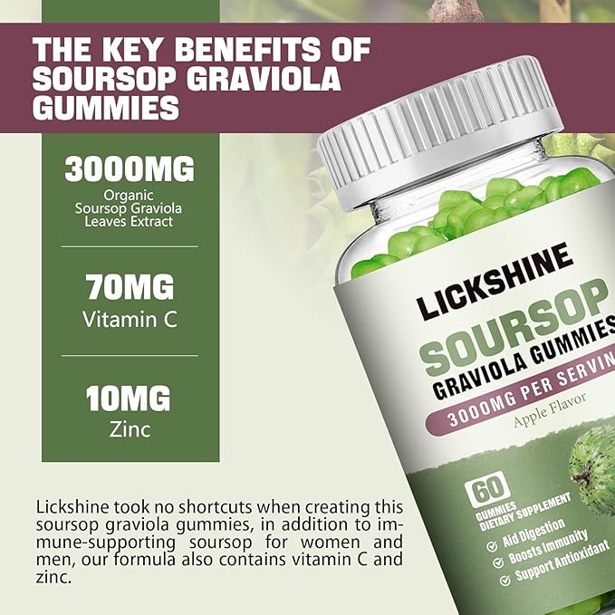 lickshine 2 Pack Soursop Graviola Gummies - 3000mg Extra Strength Soursop Leaves Supplement with Vitamin C, Zinc - Digestive Aid, Immune Support & Antioxidant - Sugar-Free, Non-GMO, Vegan, 120 Counts