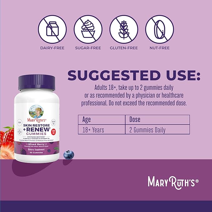 MaryRuth's Skin Restore + Renew Gummies With Hyaluronic Acid | Skin Hydration | Clinically Shown in Women to Reduce Fine Wrinkles & Improve Skin Firmness | Vegan Collagen Production | 60 Gummies