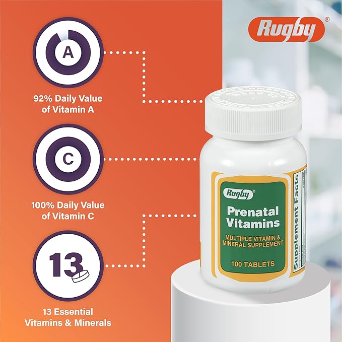 Rugby Prenatal Vitamins - Multiple Vitamin and Mineral Supplement - 100 Tablets (3 Pack)