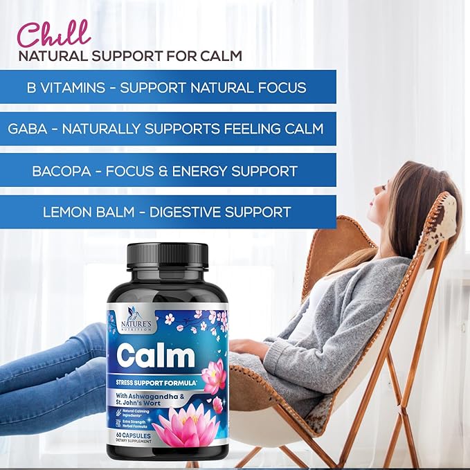 Stress Support Supplement - Extra Strength Ashwagandha, GABA, Magnesium, L-Theanine for Relief - Supports Mood & Focus - Naturally Calm, Unwind & Relax - Eases Tension & Nervousness - 60 Capsules