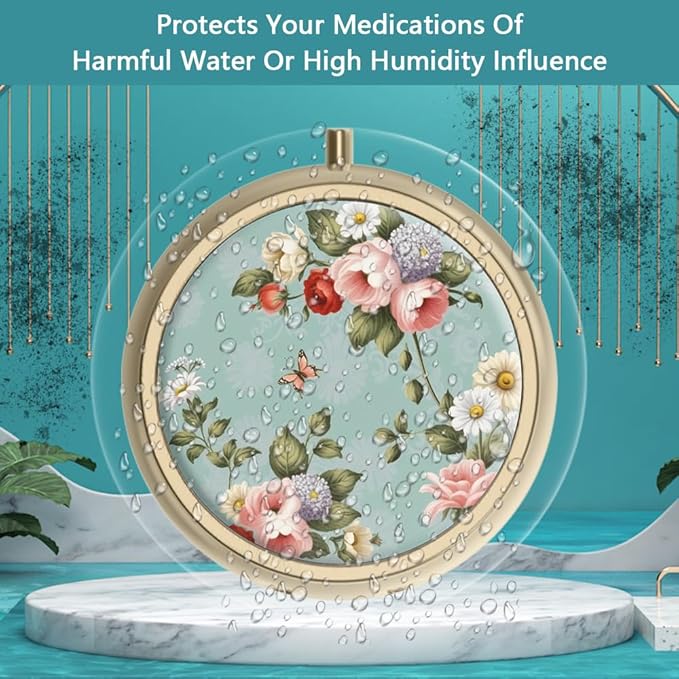 Pill Case Pill Box with Mirror Retro Small Pill Case for Purse or Pocket Bronze Pill Box or Vitamins, Fish Oil, Supplements, Pill Containe Travel Gifts（2PCS）