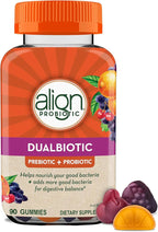 Align Dualbiotic, Prebiotics and Probiotics for Women and Men, Probiotics for Digestive Health, Prebiotics Help Nourish Good Bacteria, Natural Fruit Flavors, 90 Probiotic Gummies