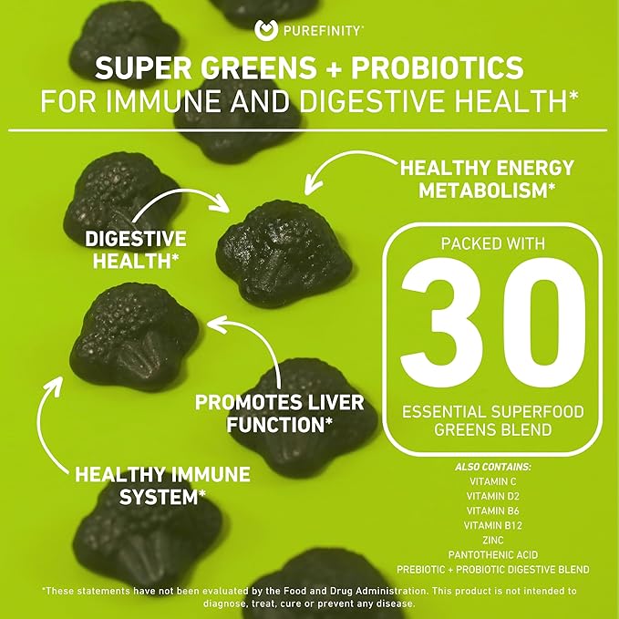 PUREFINITY Daily Super Greens Gummies with Spirulina, Spinach, Broccoli, Beet Root, Acai, and Other Vegetables, All-in-One Veggie Supplement – Non-GMO, Gluten Free, Vegan, 60 Count