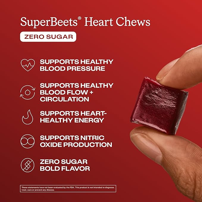 Humann SuperBeets Heart Chews Zero Sugar, Beet Root Supplement, Energy, Nitric Oxide and Blood Pressure Support, Grape Seed Extract & Non-GMO, Heart Health, Pomegranate Berry Flavor, 60 Count