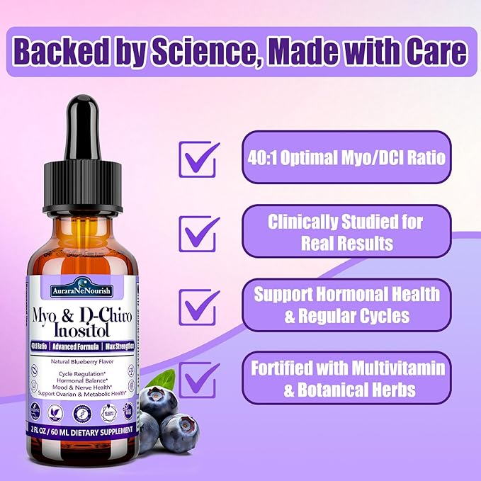 2 Pack Myo-Inositol & D-Chiro Inositol Supplement For Women Drops, Ideal 40:1 Ratio w. Organic Chaste Tree Berry, Ceylon Cinnamon Support Hormonal Balance & Ovarian, Cycle Regulation, Mood, Nerve