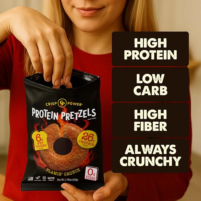 CRISP POWER Protein Pretzels, NEW Flamin' Crunch, 26G Protein, High Protein Snack, High Fiber, Low Carb Crunchy Pretzel Snacks, No Added Sugar, 1.75 oz Bags, 6 Pack, Vegan, Keto