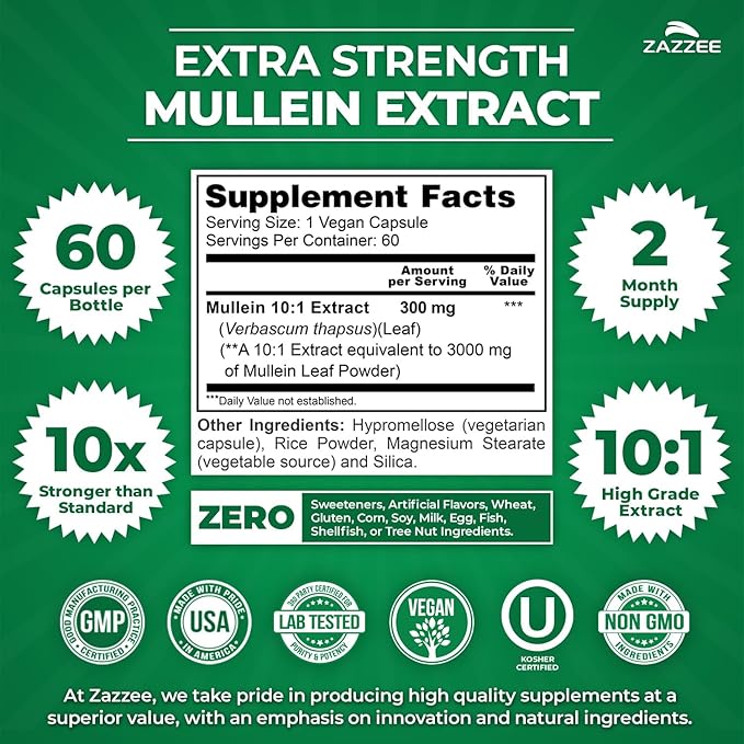 Zazzee Extra Strength Mullein Leaf 10:1 Extract, 60 Vegan Capsules, 2 Month Supply, Verbascum Thapsus, Respiratory & Lung Support, Certified Kosher, 100% Pure Leaf Powder, Non-GMO, Made in the USA
