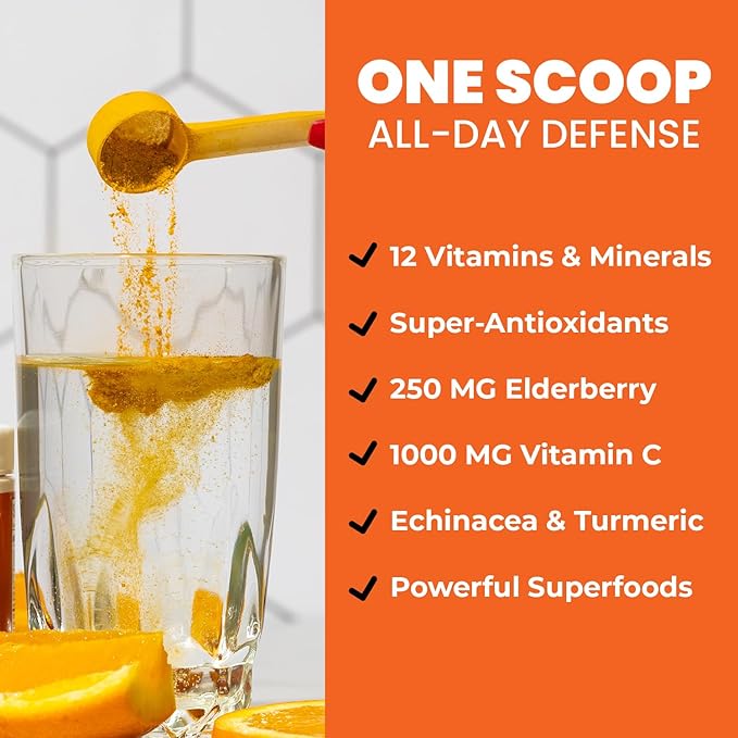GOBIOTIX Vitamin C - Immune Defense Support Supplement - Immunity Powder Wellness Booster - Vegan Superfood - Elderberry, Turmeric, B12 Vitamin Supplement, Non-GMO and Sugar Free (Orange)