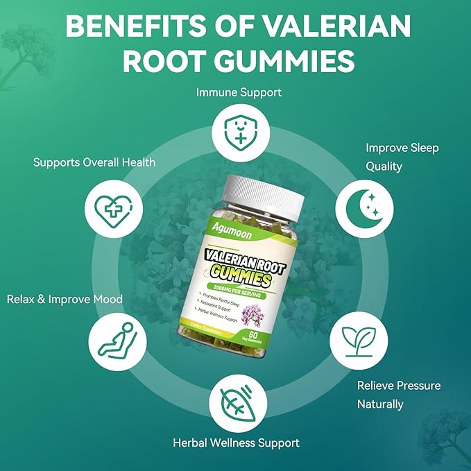 2 Pack Valerian Root Gummies 2000mg, Valerian Root Extract for Relaxation & Mood Support, Herbal Supplement for Kids & Adults, Vegan, Apple Flavor, 120 Count
