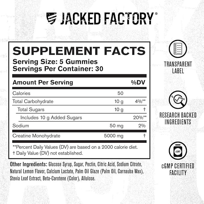 Jacked Factory Creatine Gummies 5g Daily Dose (1g per Gummy) - Creatine Gummy for Men and Women, Vegan-Friendly, Travel-Friendly, Third-Party Tested - 150 Gummies, Lemon