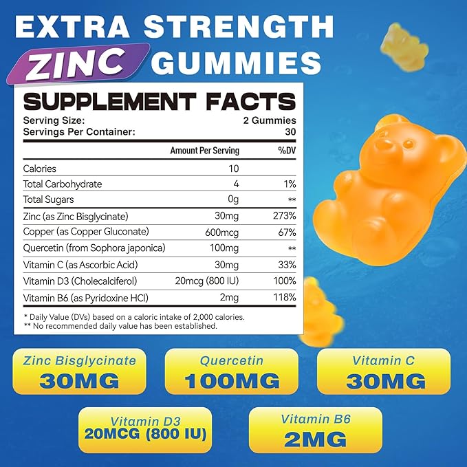 Zinc Glycinate 30 mg Gummies, Chewable Zinc Supplement for Women & Men, with Vitamin C, D3 & B6, Quercetin, Immune System Support, Skin Health & Antioxidant, Natural Fruit Flavor, 60 Ct