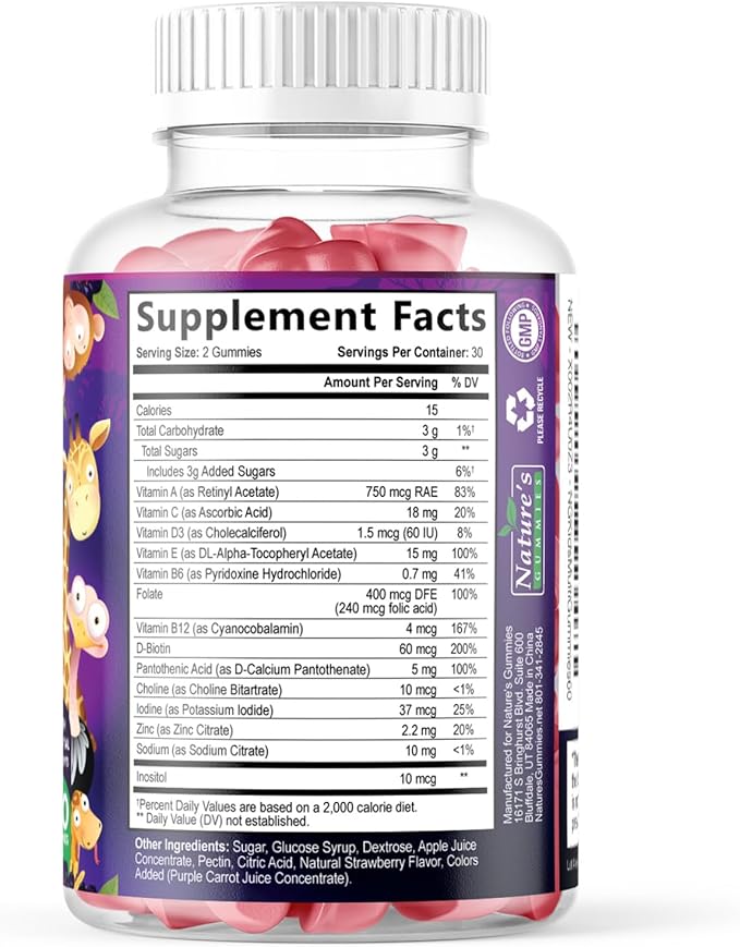Multivitamin for Kids - Complete Daily Children's Multi Vitamin Gummy Chew with Vitamin D, B Vitamins, Zinc & More - Energy, Memory Focus & Immune Health Support - Natural Berry Flavor - 60 Gummies