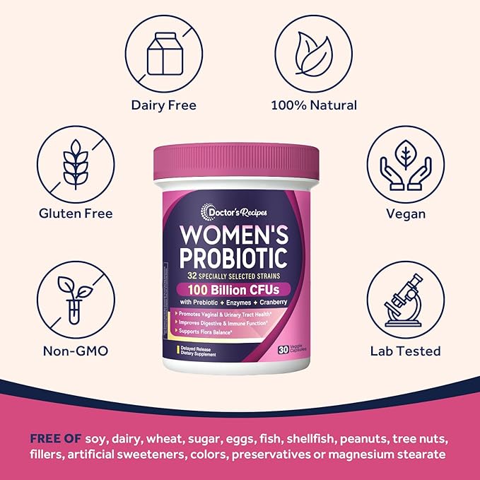 Doctor's Recipes Probiotics for Women, 100 Billion CFU 32 Strains, with Prebiotic, Enzymes & Cranberry, Shelf Stable, Delayed Release, 30 Caps