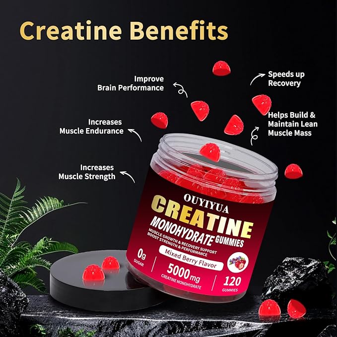 Creatine Monohydrate Gummies 5000mg for Men & Women - Sugar Free Pre-Workout Supplement, Chewables for Muscle Strength, Muscle Builder, Energy Boost, Mixed Berry Flavor, 120 Count (2 Pack)