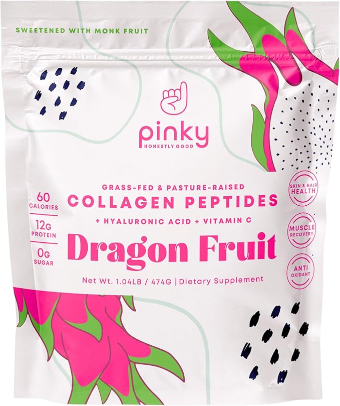 Collagen Peptides with Hyaluronic Acid & Vitamin C - Dragon Fruit Flavor (1lb/474g), Supports Skin, Hair, and Gut Health, 13g Hydrolyzed Collagen, Zero Sugar, High in Protein, Naturally Flavored