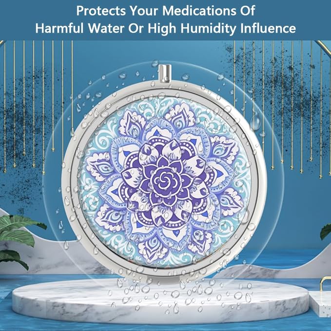 Pill Box 3 Compartment Small Pill Case,Portable for Pocket or Purse Pill Organizer Pill Container Holder to Hold Vitamins, Medication, Fish Oil and Supplements(Mandala Blue)