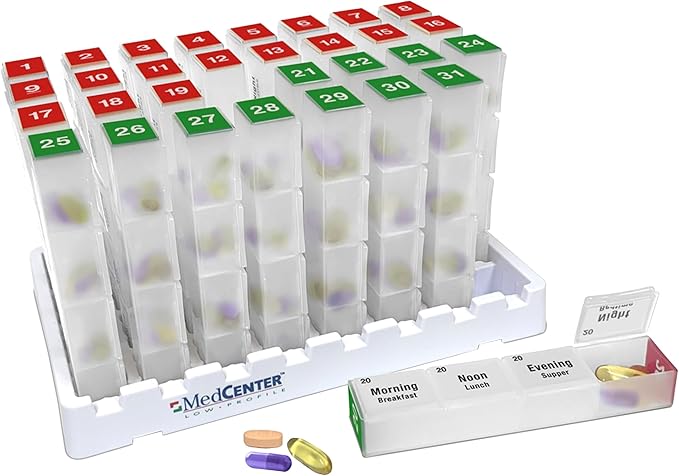 Medcenter Monthly Pill Box Organizer HSA/FSA, 4 Times a Day, Extra Large 31 Daily Pill Cases with Compartments for Vitamins, Supplements, Medication, 31 Day Pill Organizer