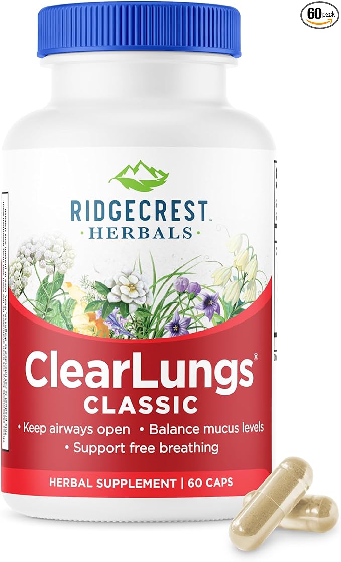 RidgeCrest Herbals ClearLungs Classic, Daily Health Supplement, Natural Lung and Nasal Wellness Formula for Bronchial, Respiratory, Immune, Sinus, and Mucus Support (60 Vegan Caps, 30 Serv)
