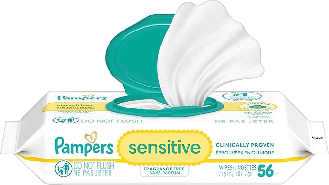 Pampers Sensitive Baby Wipes, Water Based, Hypoallergenic and Unscented, 1 Flip-Top (56 Wipes Total)