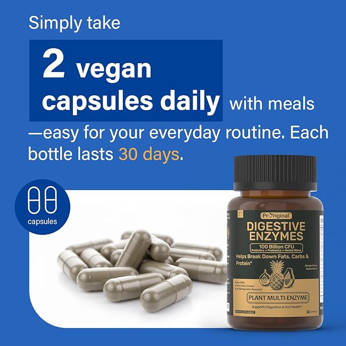 Digestive Enzymes Supplement with 100 Billion CFU Organic Probiotic & Prebiotic - Multi-Enzyme Formula for Women & Men - Supports Digestive & Gut Health, Aids Protein, Carb & Dairy Digestion, 180 Caps