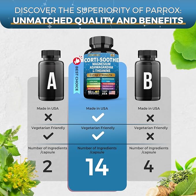 Corti-Soothe Cortisol Supplement for Women and Men with Magnesium Glycinate 200mg, L-Theanine 150mg, Phosphatidylserine 50mg & Manager Holy Basil Ginkgo Biloba Bacopa Monnieri Valerian 60 Capsules