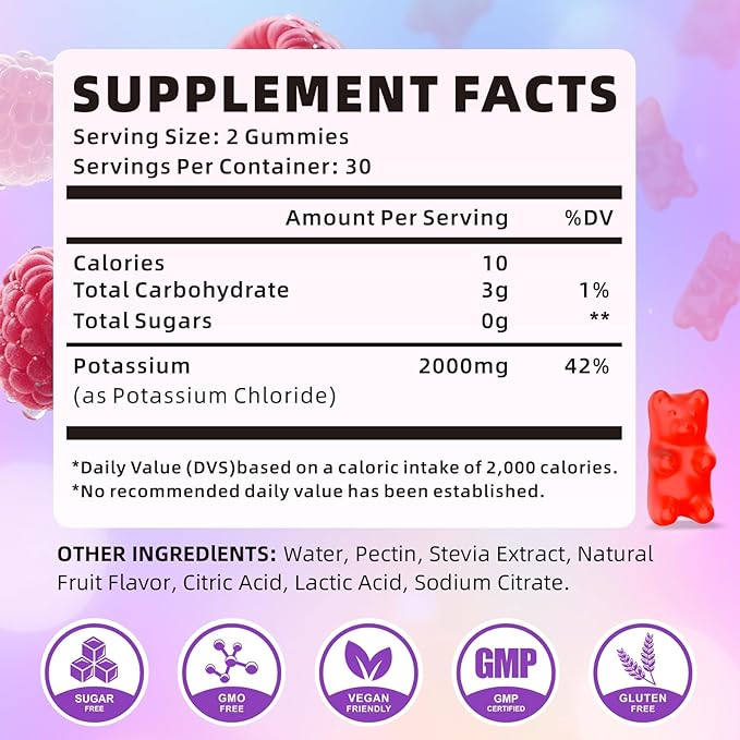 Potassium Gummies for Women & Men, High Dose 2000mg Potassium Chloride Supplement Gummies for Leg Cramps & Electrolyte Balance, Vegan/Sugar-Free/Gluten Free, Raspberry Flavor 60 Count