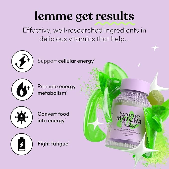 Lemme Matcha Superfood Energy Gummies with Organic Matcha Green Tea, Vitamin B12 and Antioxidant Coenzyme Q10 to Support Cellular Energy, Metabolism & Healthy Skin - Gluten Free, Non GMO (60 Count)