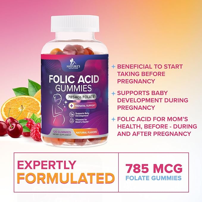 Folic Acid Gummies for Women - Folate 785 mcg Per Serving - Essential Prenatal Vitamins for Mom & Baby, Vegan Folic Supplement Gummy, Daily B9 Vitamin, Before During After Pregnancy - 120 Gummies