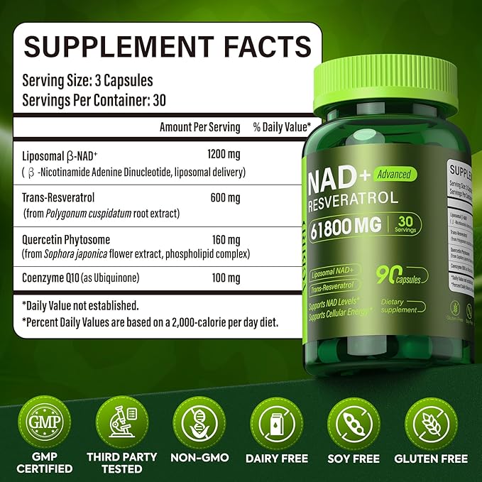 Nad Resveratrol Supplement 61800mg Per Bottle – Liposomal Nad+ Resveratrol for Women & Men – High Purity 1200mg Nad+ Supplement for Energy & Healthy Aging, Resveratrol, Quercetin, CoQ10 – 90 Counts