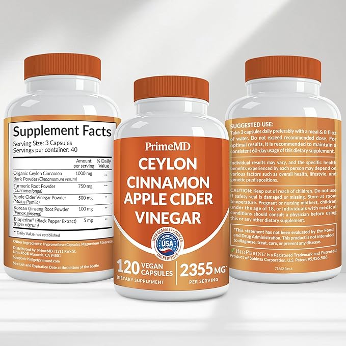 5-in-1 Ceylon Cinnamon Capsules 2355mg - Apple Cider Vinegar Capsules with Turmeric, Panax Ginseng & Bioperine - Cinnamon Supplements for Women & Men - Non-GMO, Vegan, Gluten-Free (120 Ct) (3-Pack)