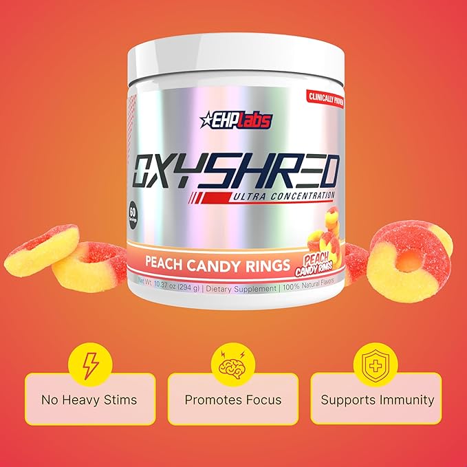 EHP Labs OxyShred Pre Workout Powder - Preworkout Powder with L Glutamine & Acetyl L Carnitine, Energy Boost Drink - Peach Candy Rings, 60 Servings