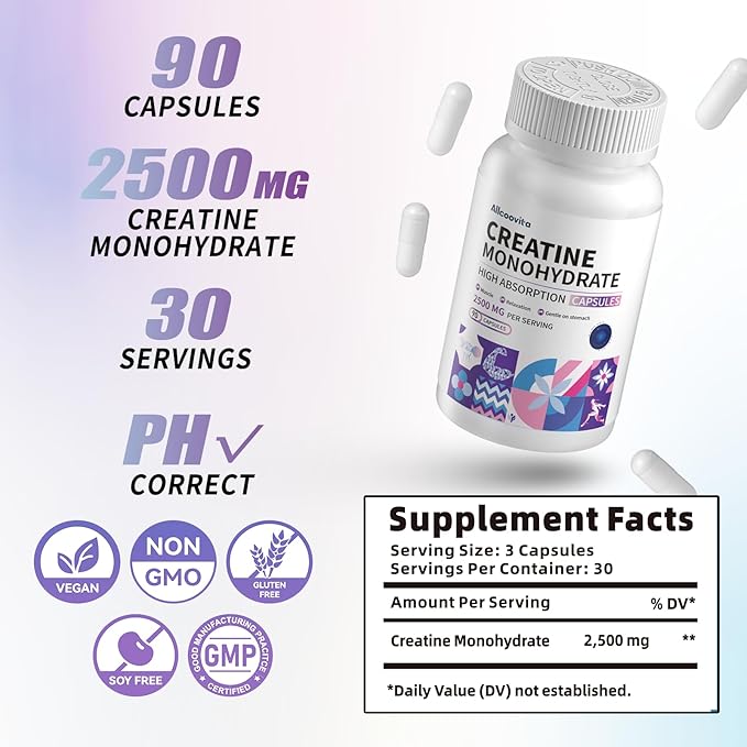 Allcoovita Creatine Monohydrate Capsules -3 Creatine Capsules per Serving, 2500mg, Gluten Free, 90 Capsules