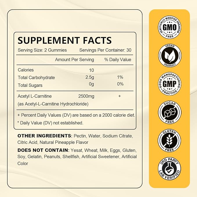 Acetyl L-Carnitine Gummies Sugar Free, Premium L-Carnitine Supplement for Women & Men, ALCAR Supplement for Energy, Muscle, Focus & Brain Support, Gluten-Free, Non-GMO, Vegan, Pineapple Flavor, 60 Ct