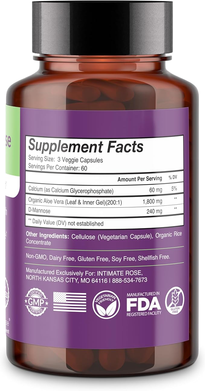 Intimate Rose Aloe Vera Capsules - IC Supplements - 200x Concentrate Pure Aloe Vera + D-Mannose + Calcium - Easy to Swallow Aloe Pills