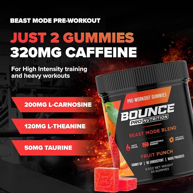 Bounce Pro Beast Mode Pre Workout Gummies with Caffeine, Beta-Alanine & L-Tyrosine for Energy, Focus & Training Intensity (30 Count (Pack of 1), Fruit Punch)